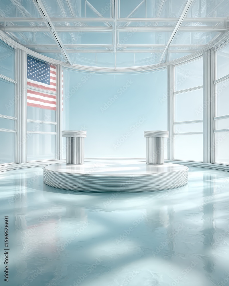 Aufkleber modern election debate stage with reflective circular platform and grand american flag for professio
