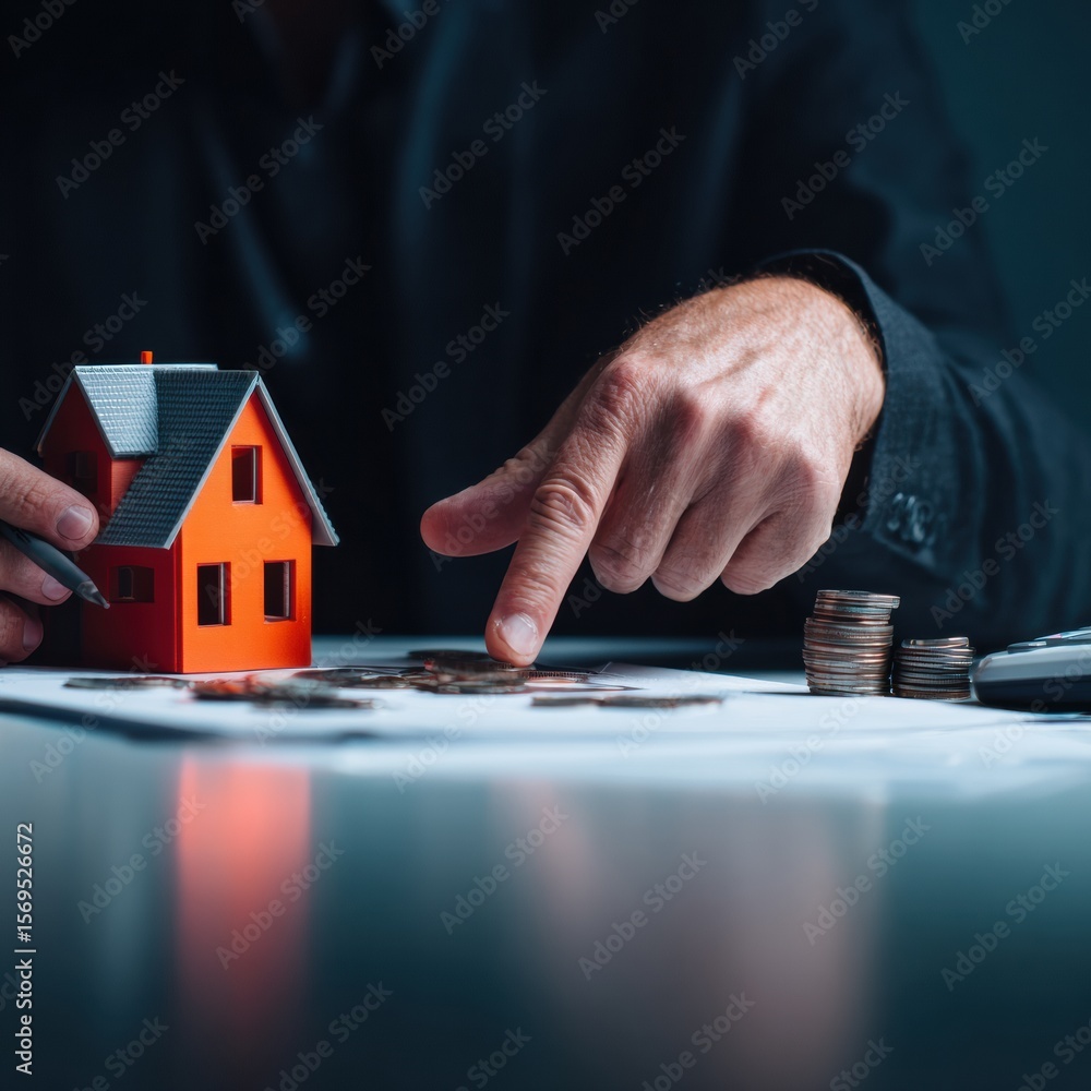 Aufkleber professional financial consultant explaining budgeting tips with house model and coins authentic exp