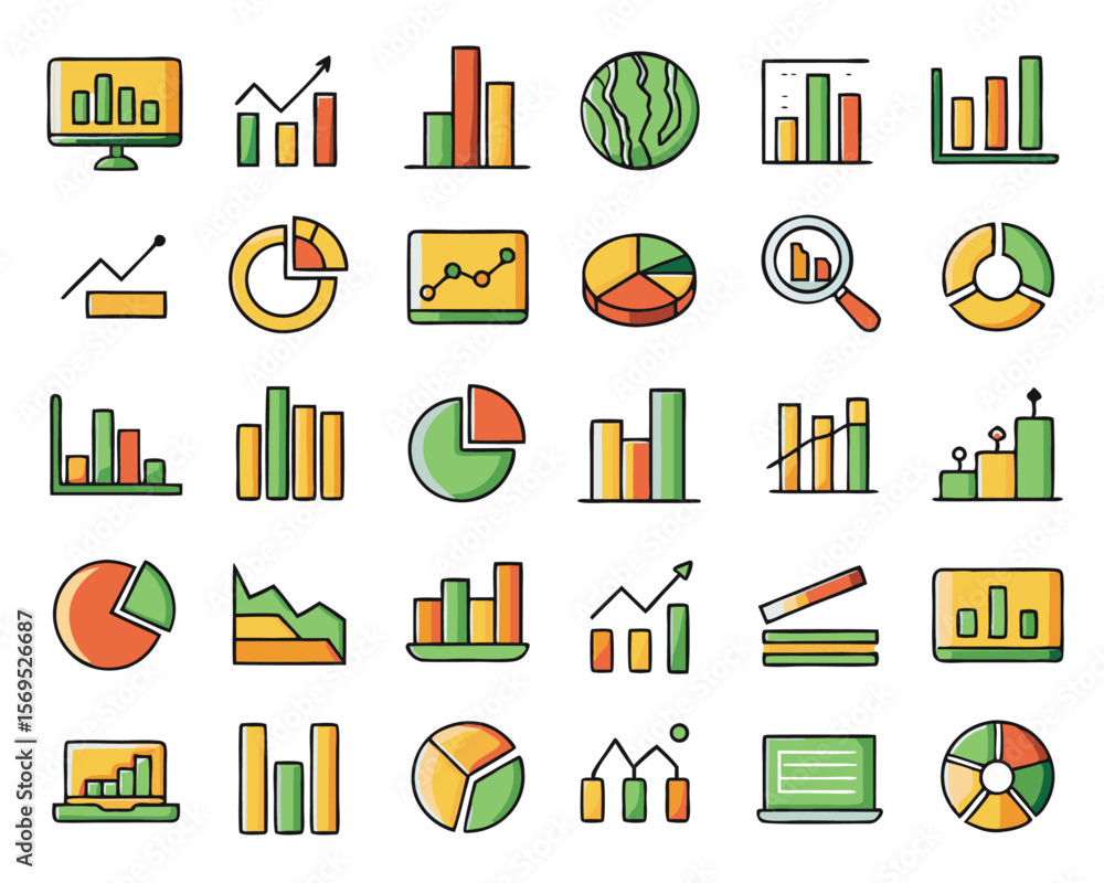 Poster comprehensive set of business analytics and key performance indicator symbols featuring essential me