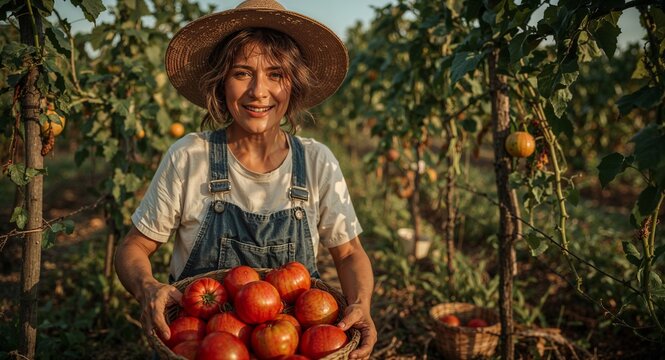 Woman in overalls holding a basket of ripe tomatoes in a tomato field with a straw hat smiling
