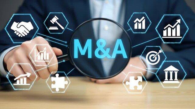 Man in Blue Suit Holding Magnifying Glass Over Ma Letters with Business Icons on Gray Background for Corporate Deal Merger and Acquistion