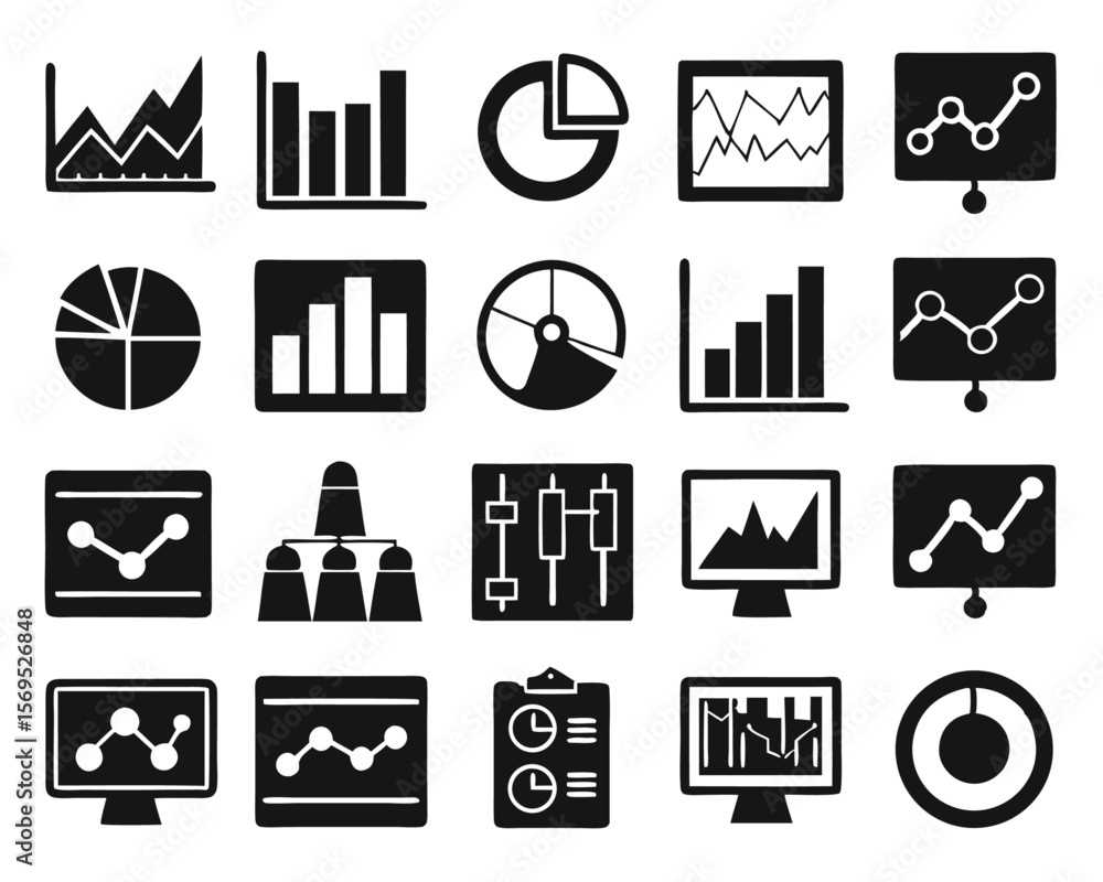 Poster comprehensive collection of essential business analytics and key performance indicator symbols perfe