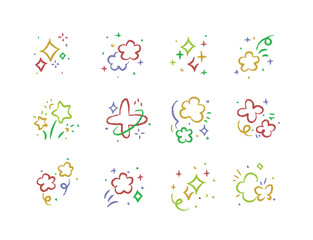 Sparkle cute hand-drawn glitter, stars and floral shapes design icons drawing on white background.