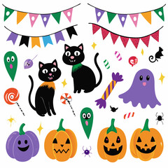 Halloween Vector Icon Set with Pumpkins Ghosts Bats and Spooky Elements