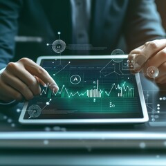 Professional businessman analyzing performance dashboard on tablet and laptop with data graphs and charts in modern office. Concept of web design, data visualization, and business analytics using a sl