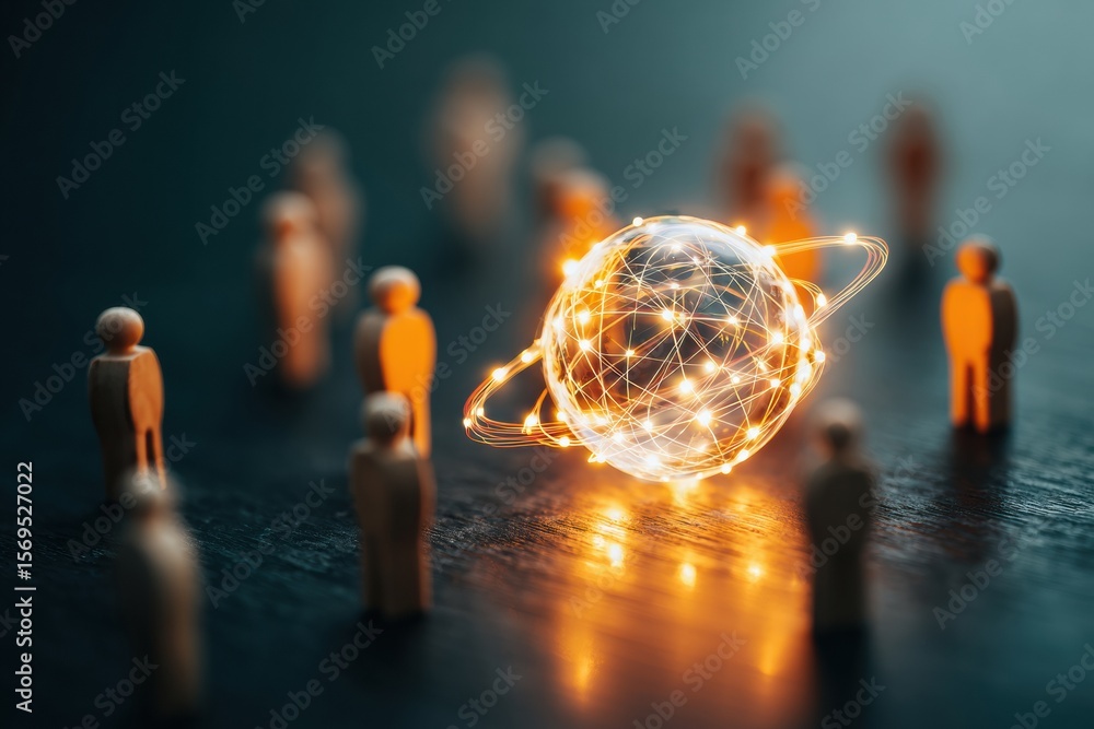 Poster Modern Professional Global Connectivity Concept with Illuminated Network Globe and People Figures for Inspiring Business Collaboration and Marketing Content