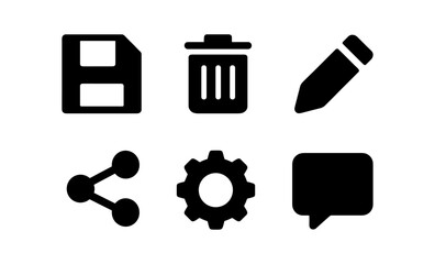 Set of minimalist icons: document, trash bin, pencil, share, settings gear, chat bubble