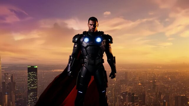 Superhero watching over city skyline at sunset