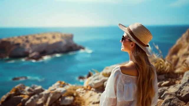 Tourist woman in summer clothes and straw hat enjoying sight in Lampedusa island, Italy	