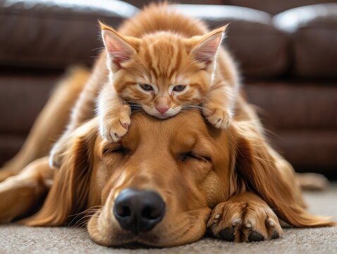 A golden retriever and a playful orange kitten share a sweet moment together, full of love and affection. - Powered by Adobe