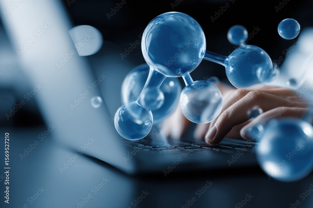 Poster Professional Data Analyst Working on Laptop with Real-Time Analytics and Molecular Visualization Modern Corporate Tech for Business Intelligence Campaigns