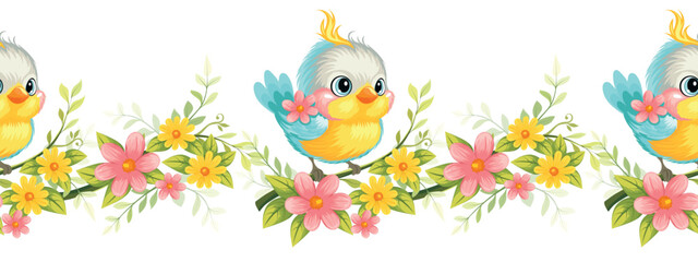 Seamless border with cute cartoon bird sitting on a flowering branch