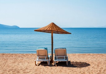 Two lounge chairs sit under a straw umbrella on a beautiful beach with ocean views.