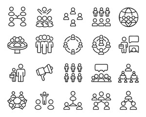 A comprehensive outline collection of business partnership symbols featuring collaboration teamwork and strategic alliance elements in a clean modern graphic style