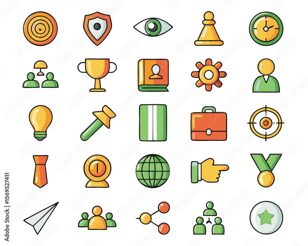 Poster comprehensive collection of thin line graphical elements representing core business management conce