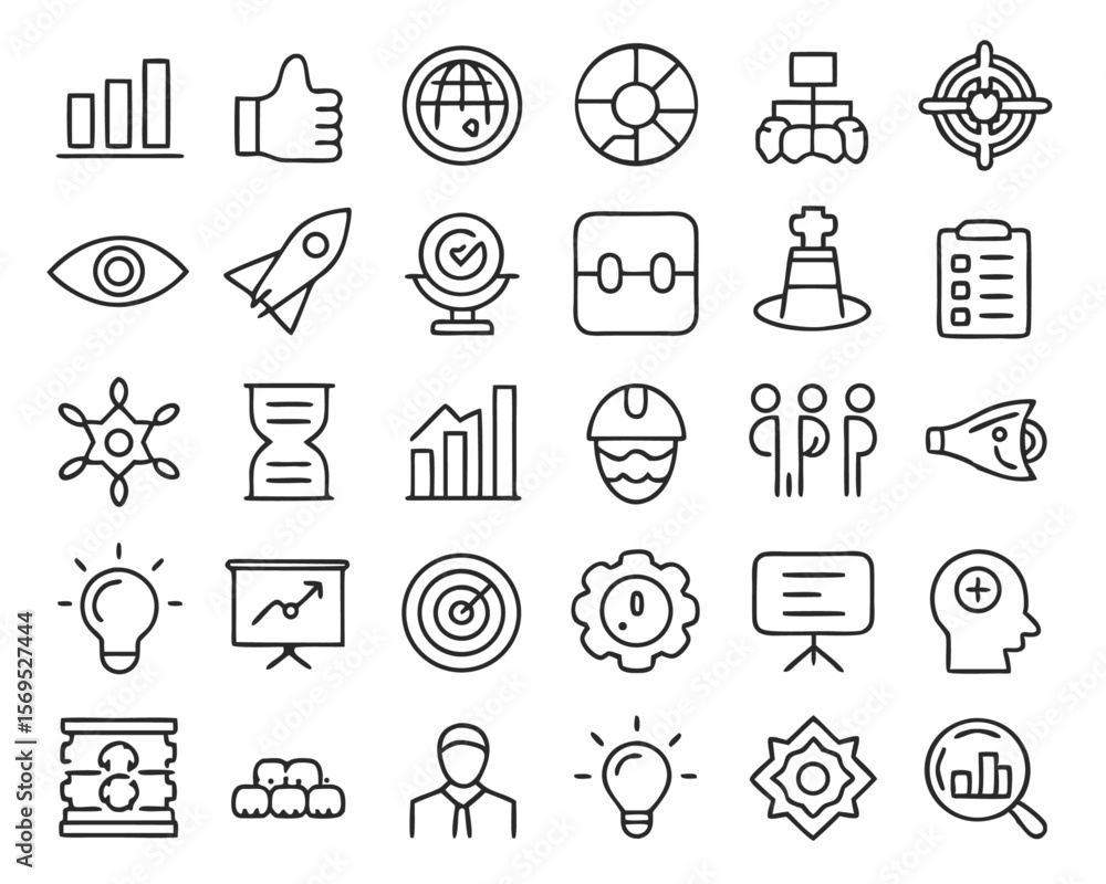 Poster comprehensive collection of thin line business management symbols and concepts perfect for digital p