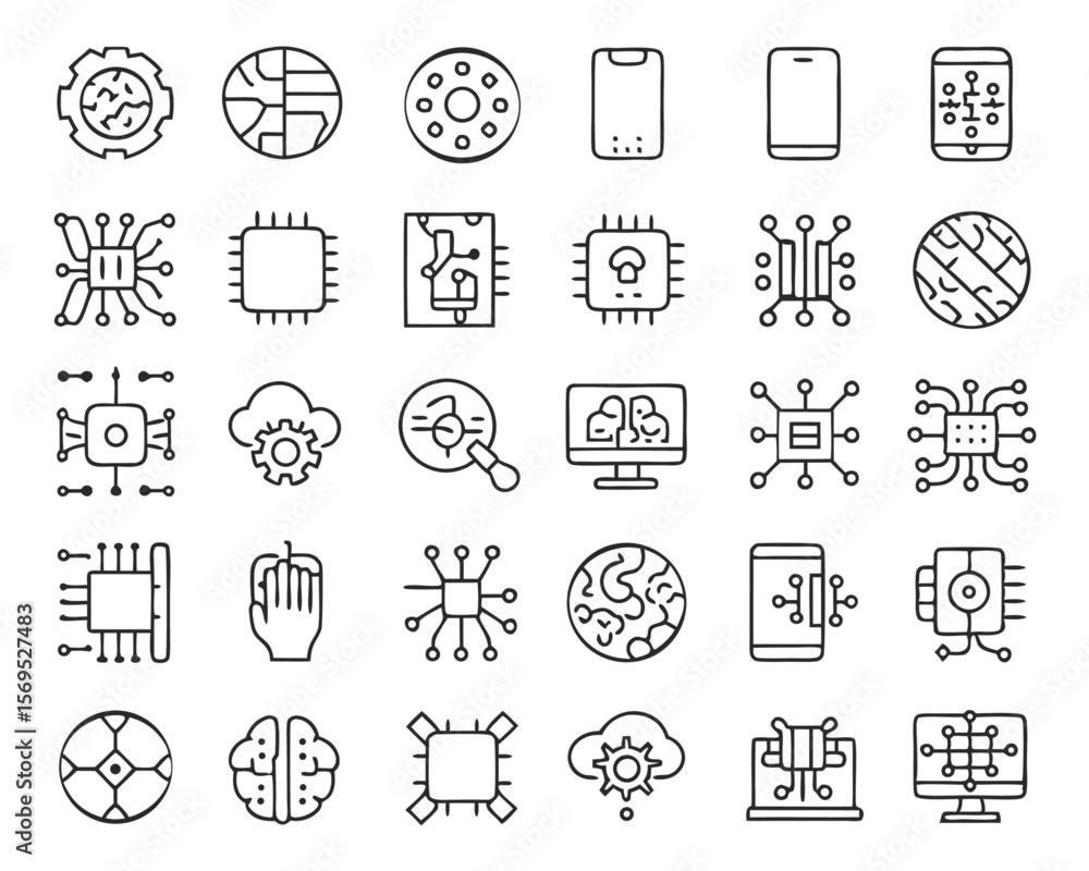 Poster comprehensive set of electronic circuit board components and symbols featuring intricate pathways an
