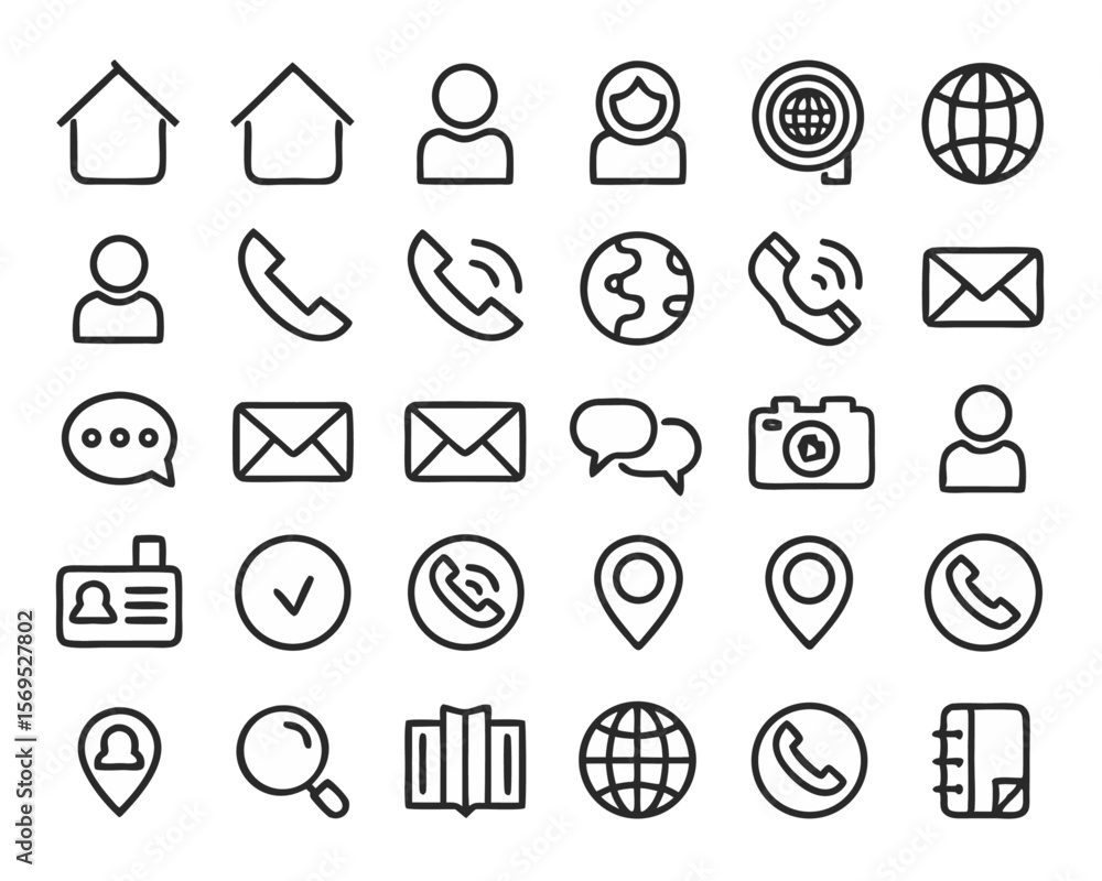 Poster comprehensive collection of essential communication and website navigation symbols including home te