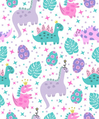 A pattern of cute dinorosaurs on a white background.