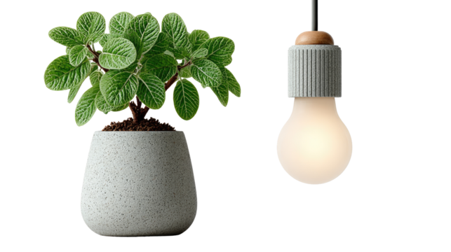 Plant Pot and Bulb: a captivating composition features a potted plant beside a modern light fixture, creating a harmonious blend of natural and manufactured elements. Explore the beauty of both. - Powered by Adobe