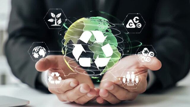Hands Presenting Green Recycle Symbol on Earth Globe Hologram with Environmental Icons in a Blurred Business Setting for Adobe Stock
