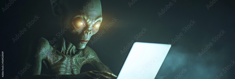 Poster extraterrestrial being with glowing eyes working intently on a laptop in a shadowy room, creating an