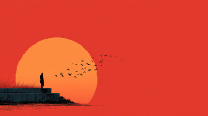 Obraz premium Silhouette of Person Watching Birds Fly at Sunset, Minimalist Red and Orange Landscape