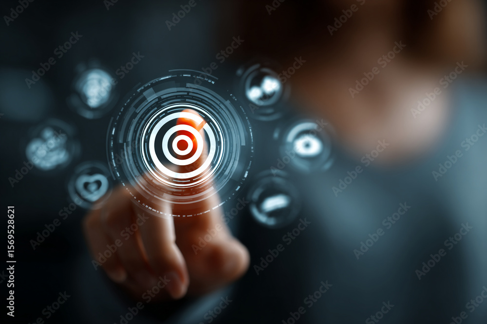 Poster finger touching a digital target interface with health icons around it