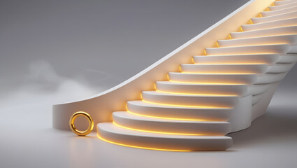 Naklejka premium A glowing white curved staircase with a golden ring at its base, symbolizing a path to success and achievement.