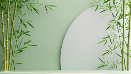 An elegant background featuring green bamboo stalks and a semicircular niche on a mint-green wall, ideal for product presentation