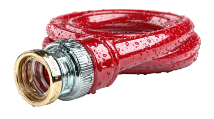 Red garden hose with water droplets: A close-up shot captures a coiled red garden hose, adorned with glistening water droplets. The metallic connector gleams against the vibrant red.