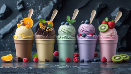 Five cups of various ice cream flavors, garnished with berries and fruits, against a dark stone background.