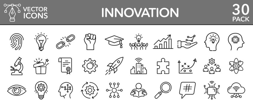 Innovation creativity idea technology strategy solution vector line icons set