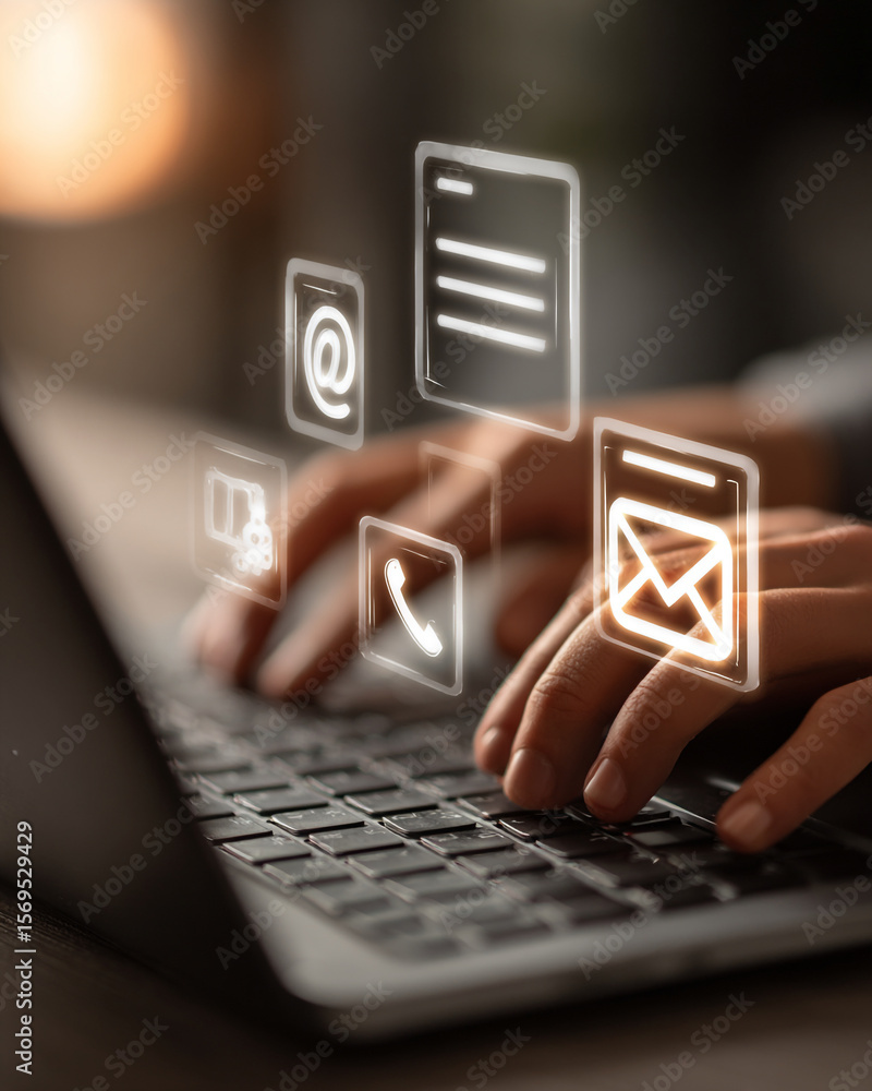 Poster person typing on laptop with contact icons floating above the keyboard