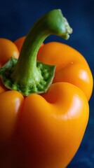 Close-up of orange bell pepper with fresh green stem, vibrant colors against dark blue background, crisp details, natural lighting