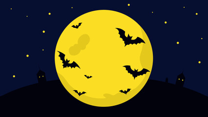 Naklejka premium Silhouettes of bats flying across a giant pockmarked moon on a spooky night