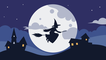 Witch on a broomstick silhouetted against a massive full moon and dark sky
