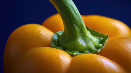 Close-up of orange bell pepper with fresh green stem, vibrant colors against dark blue background, crisp details, natural lighting