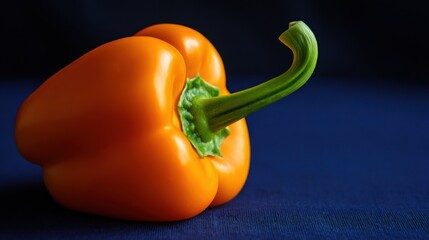Close-up of orange bell pepper with fresh green stem, vibrant colors against dark blue background, crisp details, natural lighting