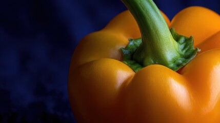 Close-up of orange bell pepper with fresh green stem, vibrant colors against dark blue background, crisp details, natural lighting