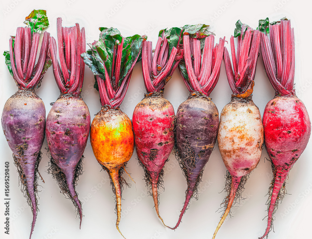 Poster row of beets with different colors and sizes. the beets are arranged in a line, with some being larg