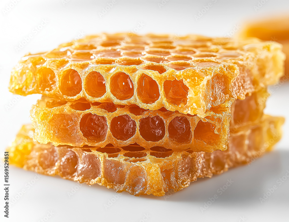 Poster three pieces of honeycomb are stacked on top of each other. the honeycomb is golden and has a honeyc