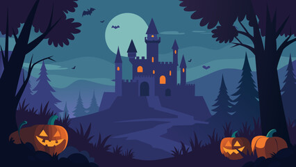 Haunted castle in the distant background seen from a dark spooky forest road