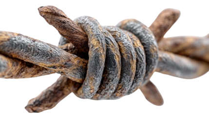 Rusty Barbed Wire: A close-up shot of rusty barbed wire showcases its intricate textures and harsh aesthetic, evoking a sense of imprisonment, protection and danger. 