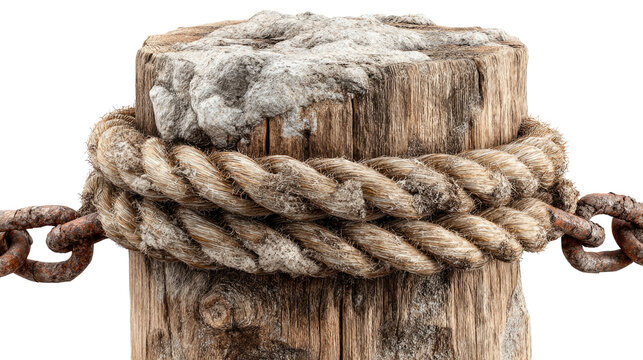 Weathered Mooring Post: A weathered wooden mooring post, firmly planted, encircled by a sturdy rope, is adorned by a weathered chain, embodying maritime heritage and a sense of enduring stability.