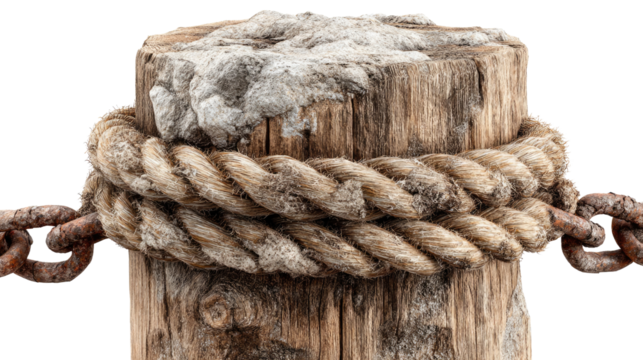 Weathered Mooring Post: A weathered wooden mooring post, firmly planted, encircled by a sturdy rope, is adorned by a weathered chain, embodying maritime heritage and a sense of enduring stability.
