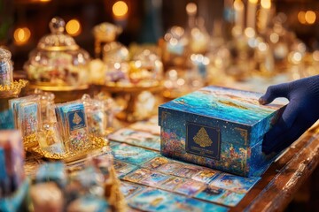 Close-Up of a Colorful Artisanal Gift Box with Decorative Illustrations Surrounded by Sparkling Items and a Warm Ambience in a Cozy Setting