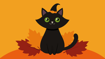 Obraz premium A Happy Black Cat Wearing a Tiny Witch Hat Sits Atop a Large Orange Pumpkin