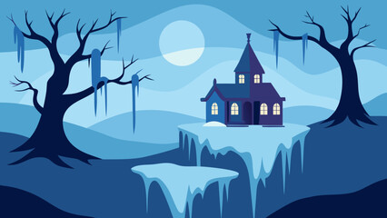 A Frozen Haunted Landscape in Deep Winter with Icicle Fangs on Twisted Trees