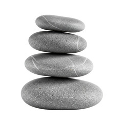 Stack of four smooth grey river stones with white stripes balanced perfectly isolated on transparent background